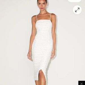 Lulu's Elegant White Ruched Midi Dress